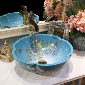 Bồn rửa tay bằng gốm nghệ thuật trên bồn rửa cánh hoa chậu màu nhỏ trong nhà vệ sinh kiểu châu Âu