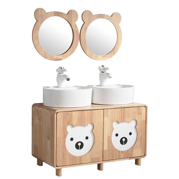 Tủ phòng tắm vân gỗ trẻ em, gỗ rắn, tủ phòng tắm, chậu rửa gốm, mẫu giáo, chậu rửa không thấm nước, tủ kết hợp, tủ gỗ hoạt hình; - Hình ảnh 2